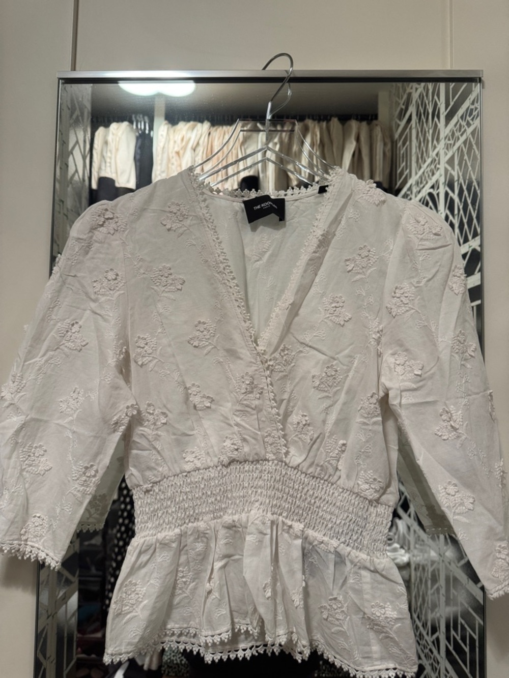 The Kooples White Embroidered V-Neck Smocked Waist Peplum Blouse